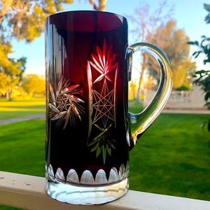 Rare 🔥 Vintage Red Cut To Clear Crystal Tall Handled Tumbler